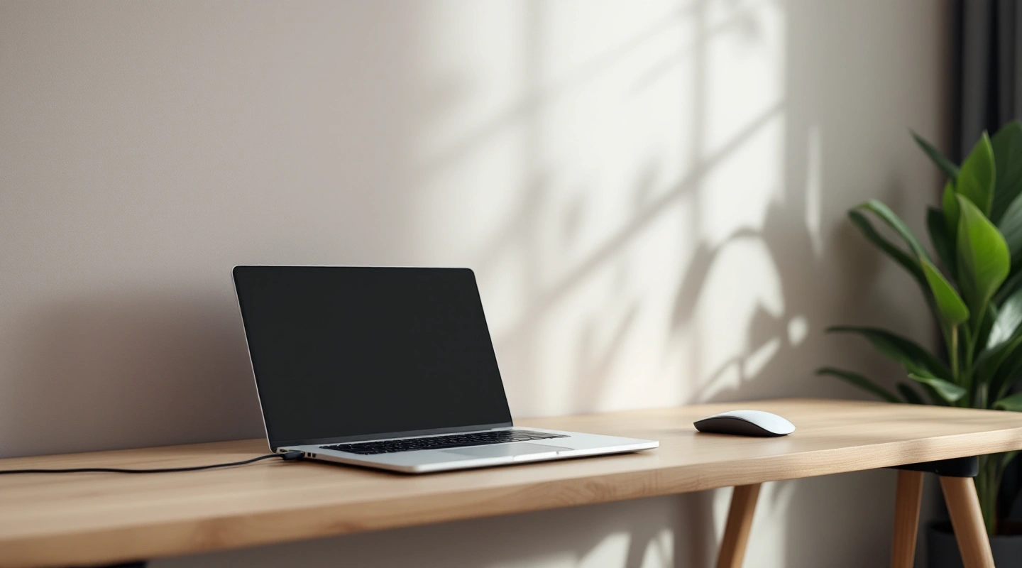 A generic laptop beside a mouse on a quiet home desk