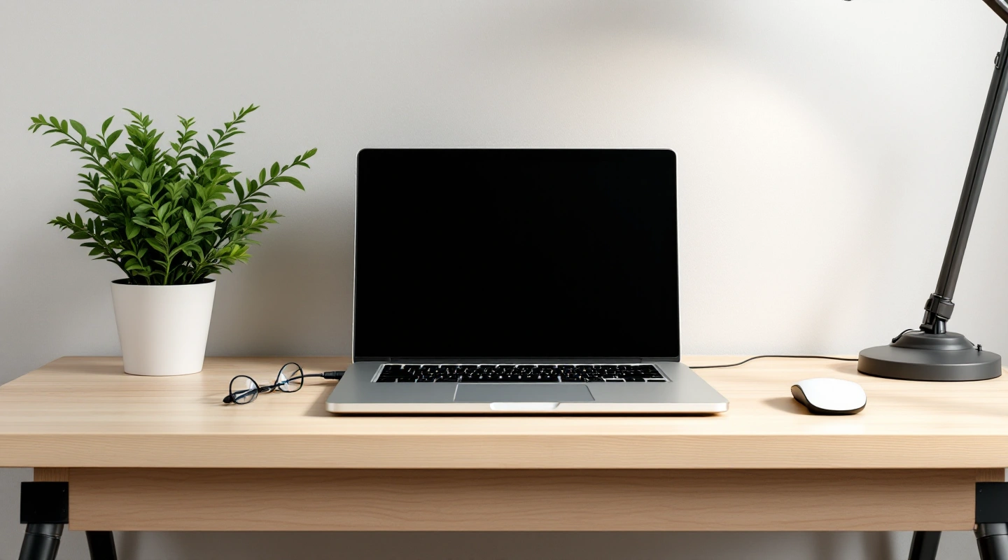 A plain open laptop beside a plant on a desk