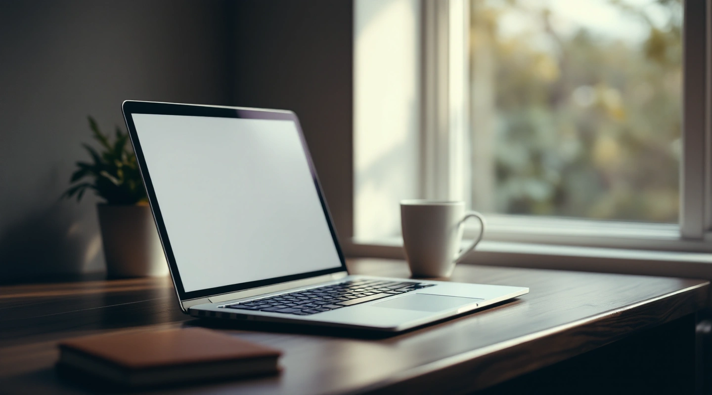 A generic laptop on a dark wood desk in soft daylight