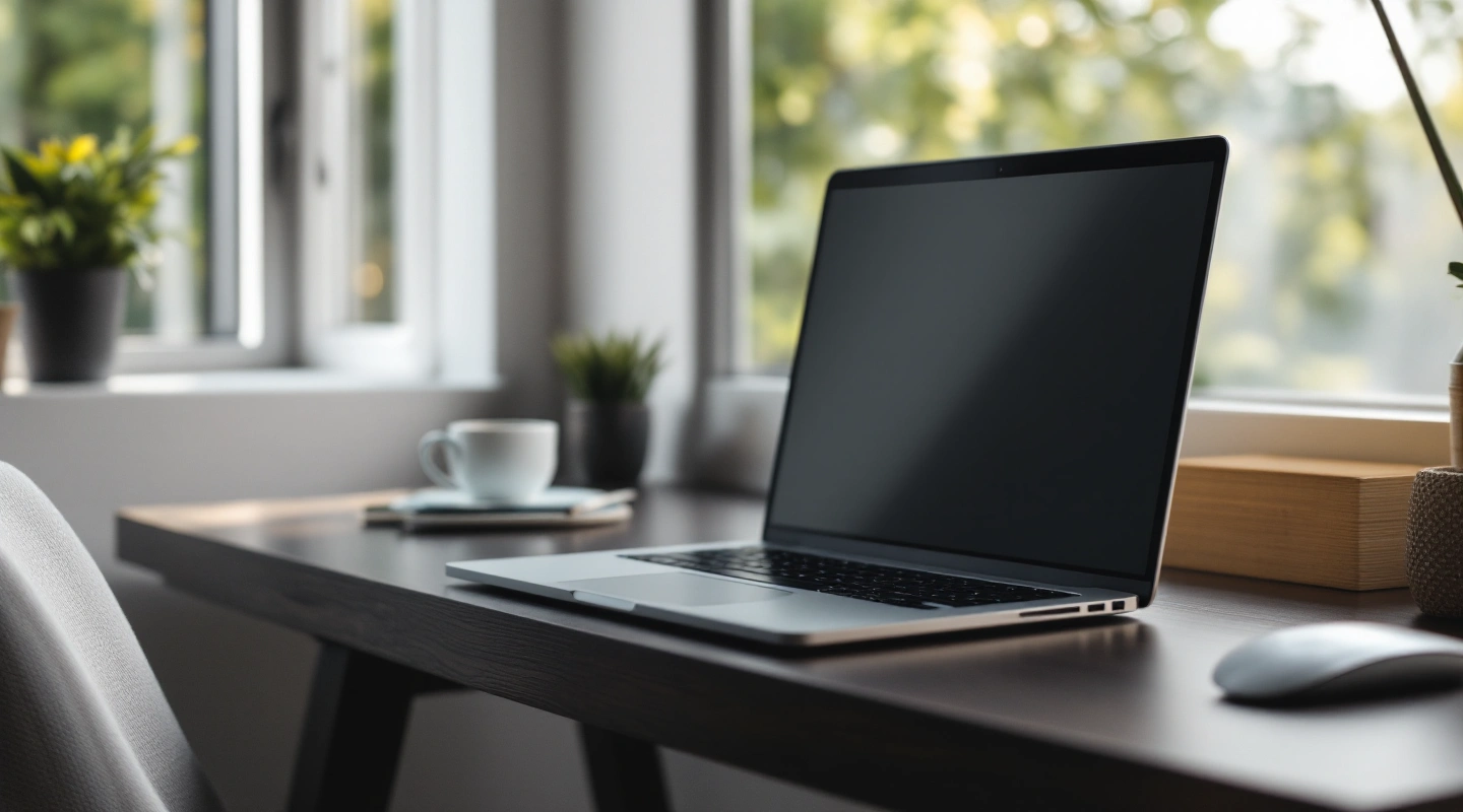 A plain laptop and mouse on a desk beside a window