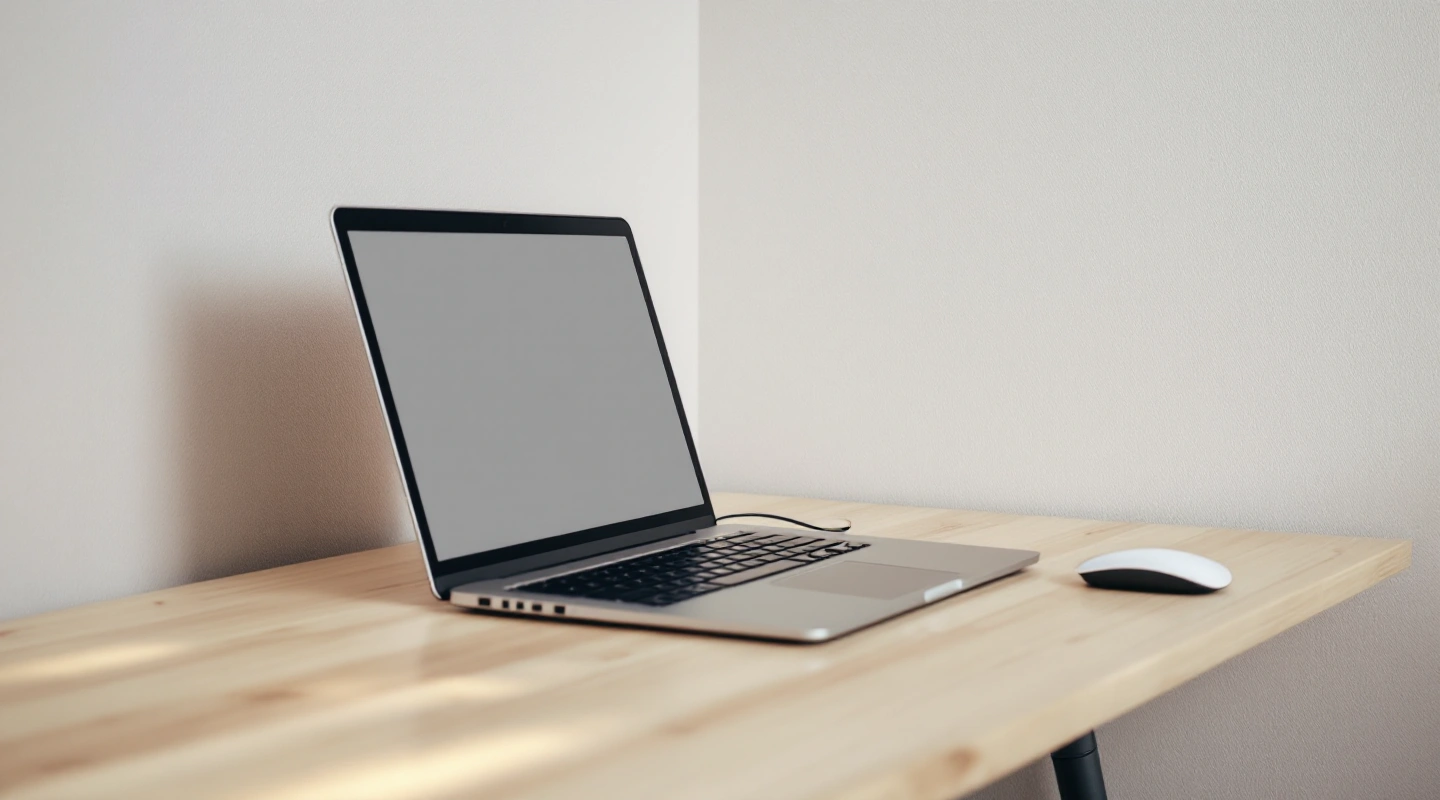 A plain open laptop and mouse on a light wood desk against a neutral wall