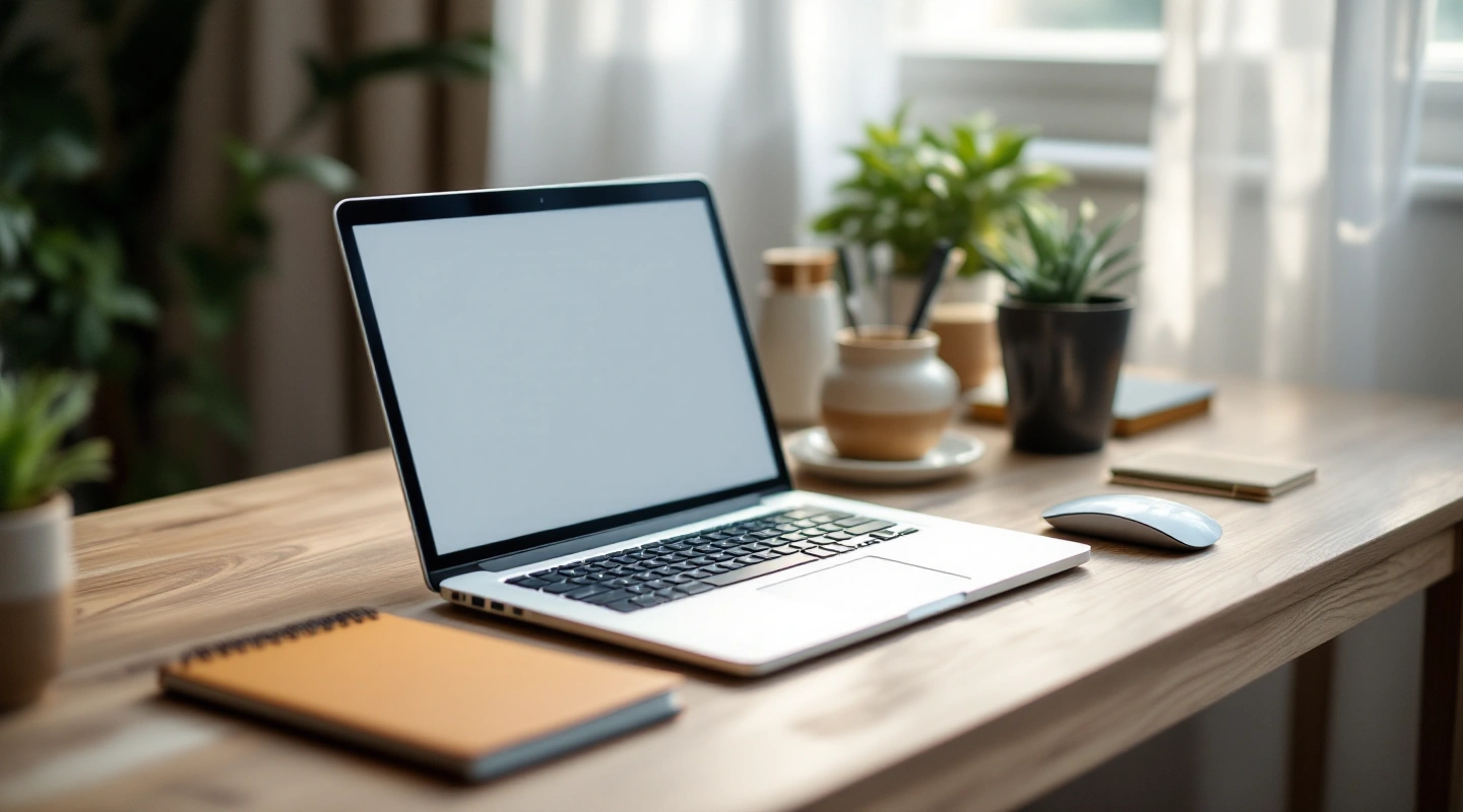 A plain laptop beside a notebook and plant on a wooden desk in daylight