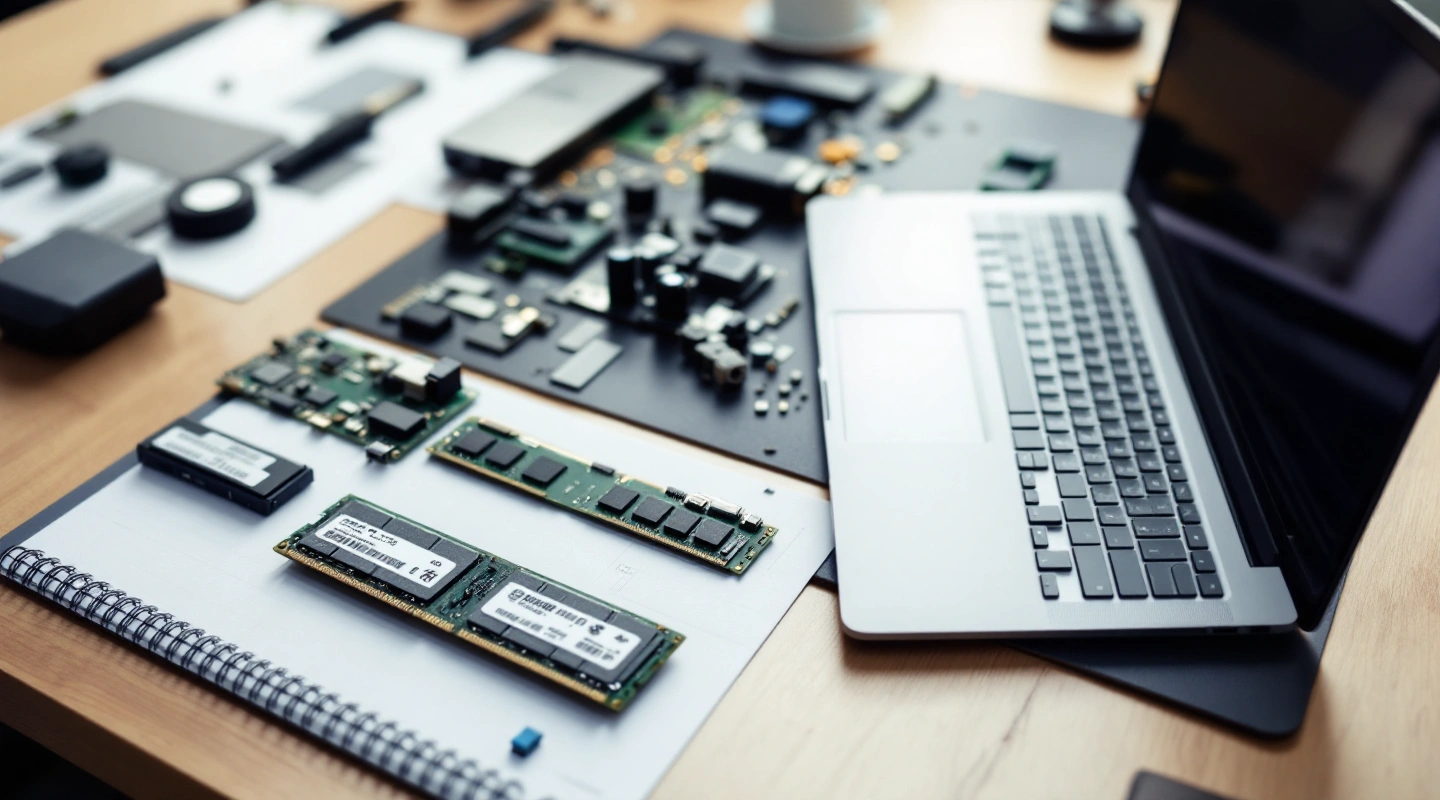 Generic memory modules on an electronics mat beside an open laptop