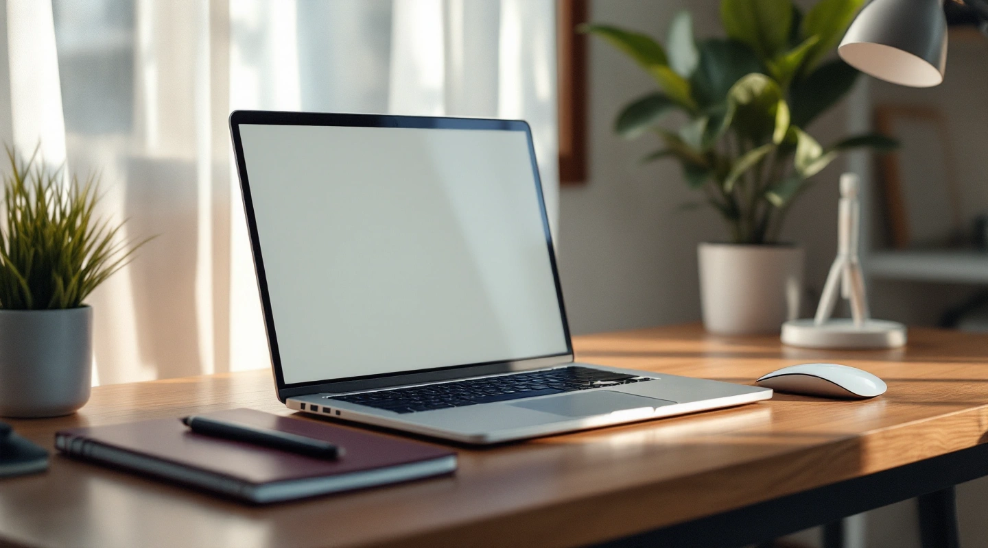A plain open laptop on a desk in daylight