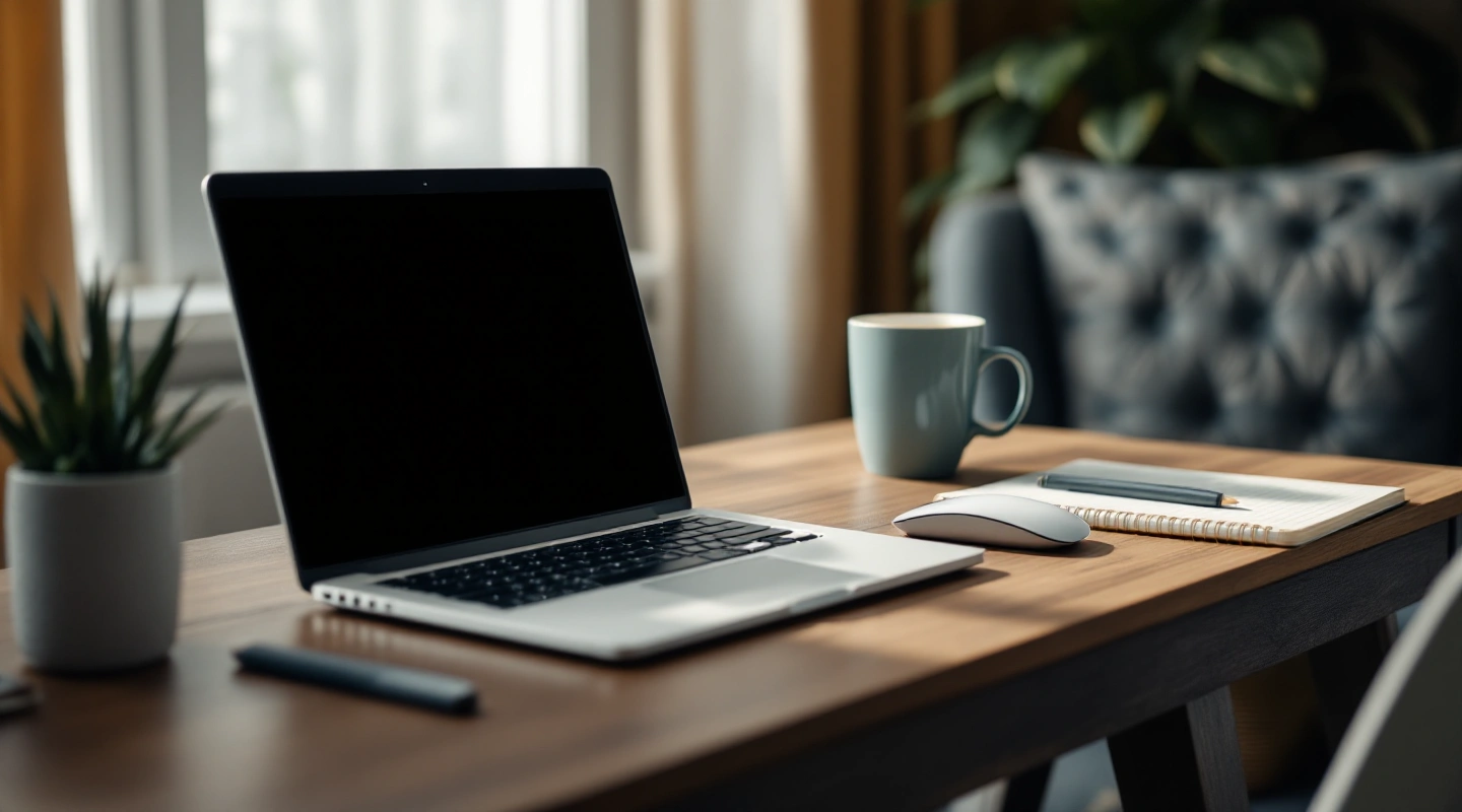 A plain laptop beside a notebook and cup on a wooden desk in daylight
