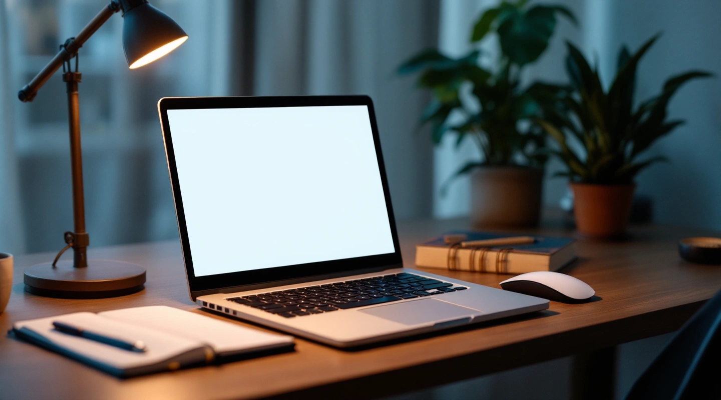 A plain laptop beside a desk lamp and notebook in warm light