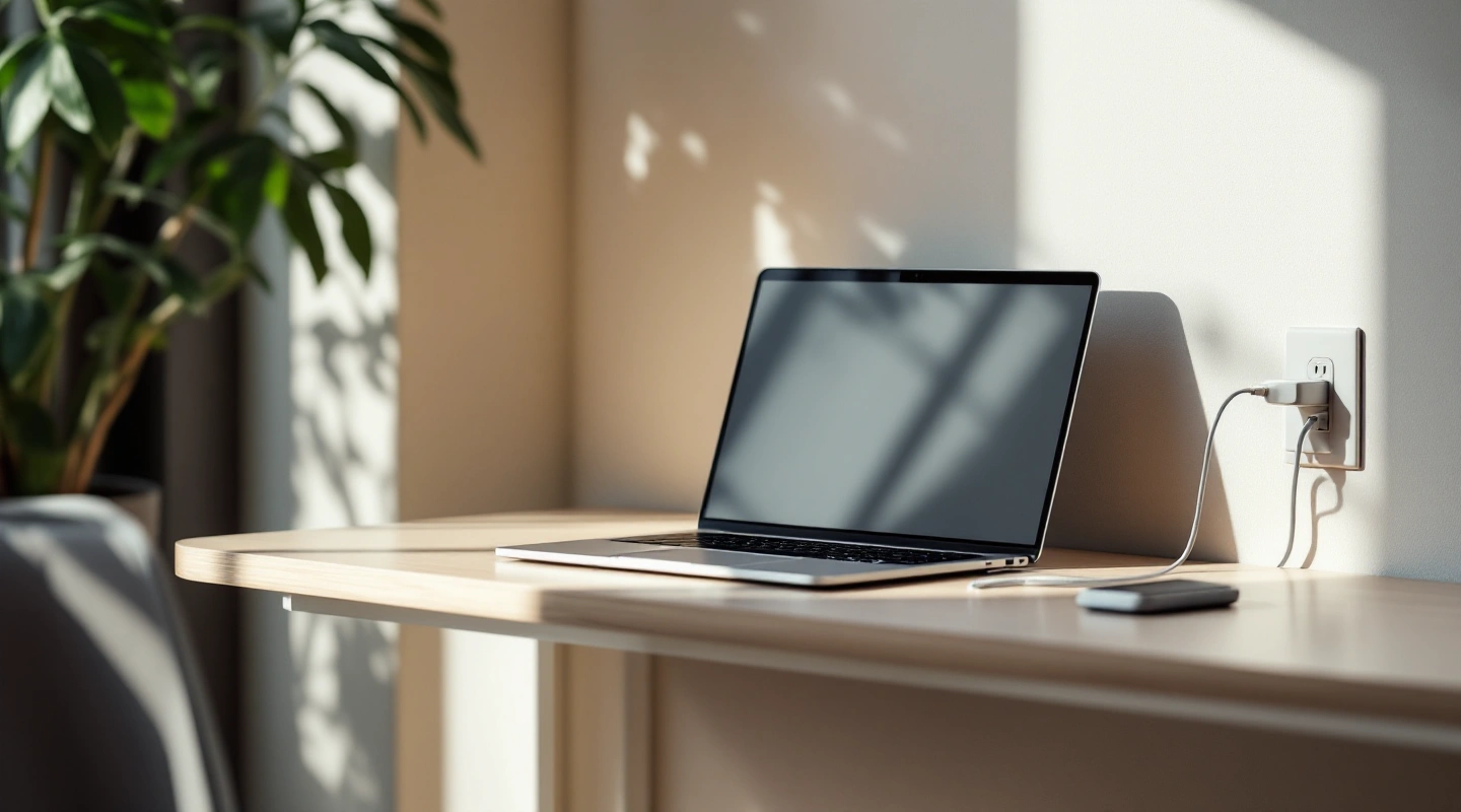 A plain laptop and charging cable beside a wall outlet on a study desk