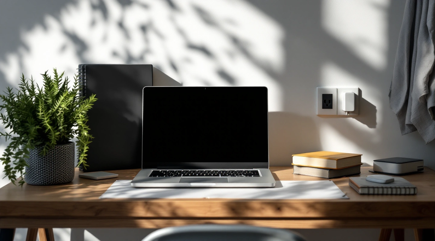 A generic laptop and charger on a naturally lit study desk