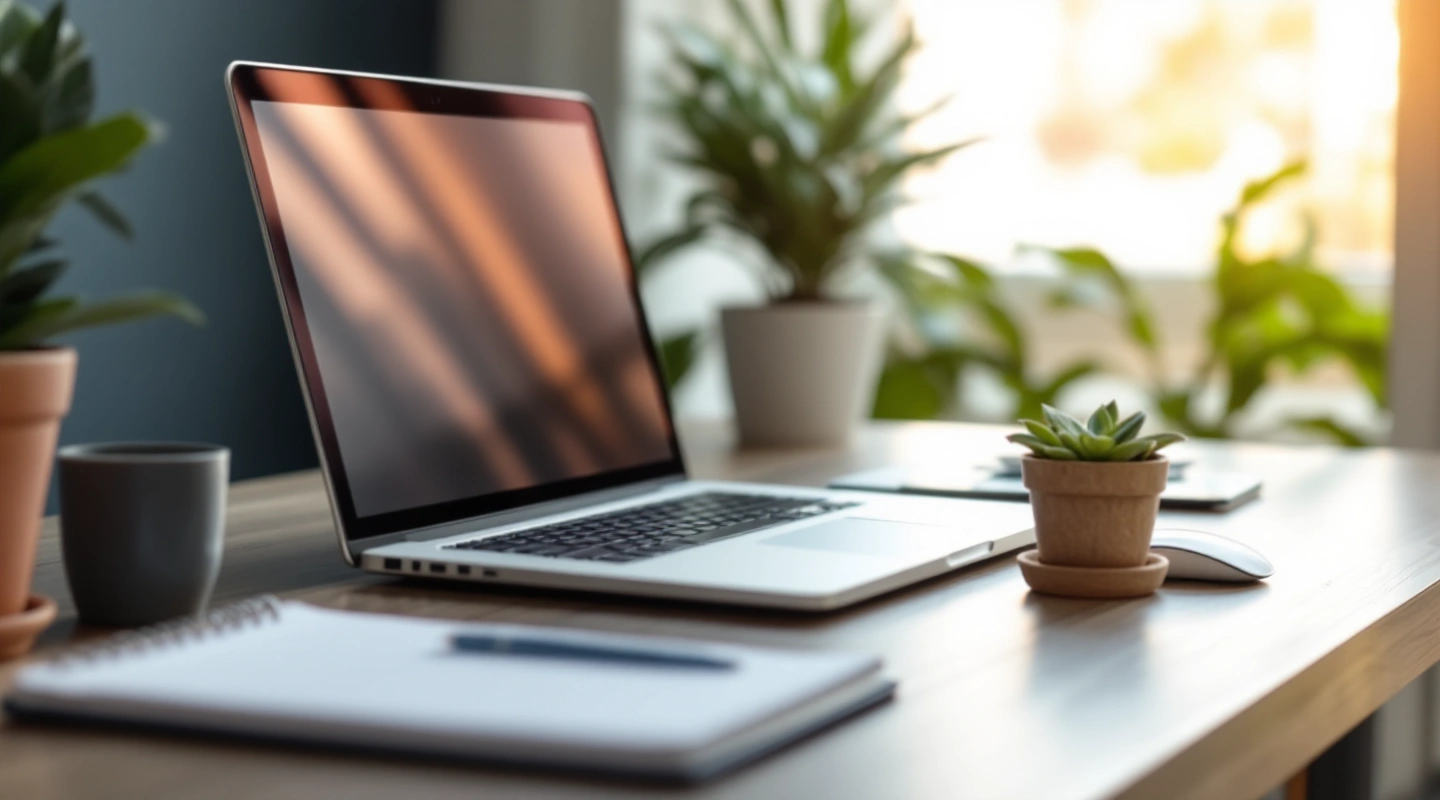 A plain laptop beside a notebook and plant on a sunlit wooden desk