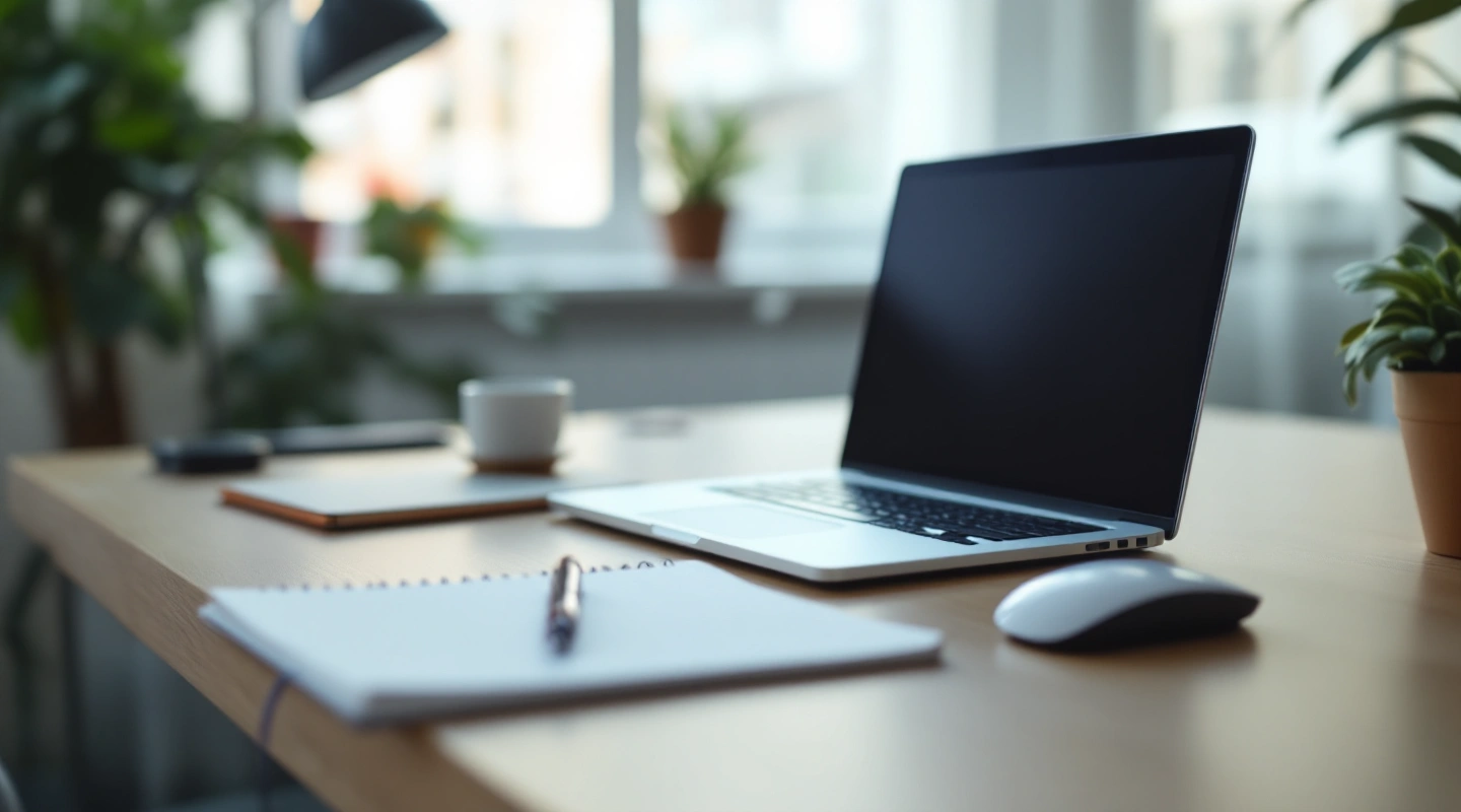 A plain laptop and notebook on a desk in daylight