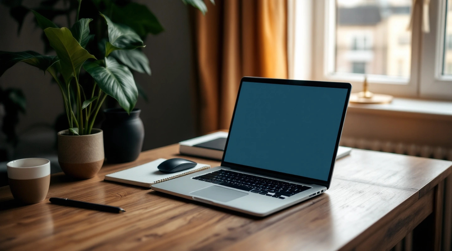 A plain open laptop beside a plant and notebook on a desk by a window